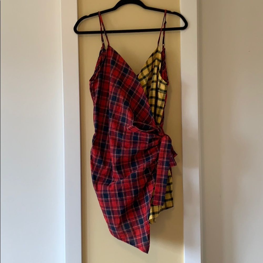 Plaid red and yellow wrap front romper